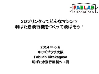 ３Ｄプリンタってどんなマシン？
羽ばたき飛行機をつくって飛ばそう！
2014 年 6 月
キッズプラザ大阪
FabLab Kitakagaya
羽ばたき飛行機製作工房
 