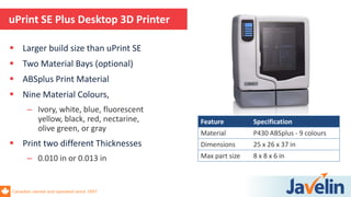 Canadian owned and operated since 1997
 Larger build size than uPrint SE
 Two Material Bays (optional)
 ABSplus Print Material
 Nine Material Colours,
– Ivory, white, blue, fluorescent
yellow, black, red, nectarine,
olive green, or gray
 Print two different Thicknesses
– 0.010 in or 0.013 in
uPrint SE Plus Desktop 3D Printer
Feature Specification
Material P430 ABSplus - 9 colours
Dimensions 25 x 26 x 37 in
Max part size 8 x 8 x 6 in
 