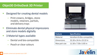 Canadian owned and operated since 1997
 Designed for creating dental models
– Print crowns, bridges, stone
models, retainers, partials,
and delivery trays
 Eliminate dental physical impressions
and store models digitally
 3 Material types available
– Dental and bio-compatible
– Peach or clear colours
Objet30 OrthoDesk 3D Printer
Feature Specification
Material VeroDent & Bio-compatible
Dimensions 32.28 x 24.4 x 23.22 in
Max part size 11.58 x 7.58 x 5.85 in
 