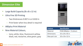 Canadian owned and operated since 1997
 Large Build Capacity (8 x 8 x 12 in)
 Ultra Fine 3D Printing
– Two thicknesses 0.007 in or 0.010 in
– Print faster when less detail is required
 ABSplus Print Material
 Nine Material Colours,
– Ivory, white, blue, fluorescent yellow,
black, red, nectarine, olive green, gray
Dimension Elite
Feature Specification
Material P430 ABSplus - 9 colours
Dimensions 33 x 29 x 45 in
Max part size 10 x 10 x 12 in
 