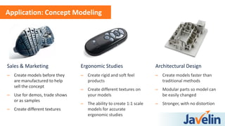 Sales & Marketing
– Create models before they
are manufactured to help
sell the concept
– Use for demos, trade shows
or as samples
– Create different textures
Application: Concept Modeling
Ergonomic Studies
– Create rigid and soft feel
products
– Create different textures on
your models
– The ability to create 1:1 scale
models for accurate
ergonomic studies
Architectural Design
– Create models faster than
traditional methods
– Modular parts so model can
be easily changed
– Stronger, with no distortion
 