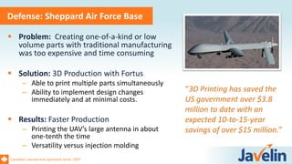 Canadian owned and operated since 1997
Defense: Sheppard Air Force Base
 Problem: Creating one-of-a-kind or low
volume parts with traditional manufacturing
was too expensive and time consuming
 Solution: 3D Production with Fortus
– Able to print multiple parts simultaneously
– Ability to implement design changes
immediately and at minimal costs.
 Results: Faster Production
– Printing the UAV’s large antenna in about
one-tenth the time
– Versatility versus injection molding
“3D Printing has saved the
US government over $3.8
million to date with an
expected 10-to-15-year
savings of over $15 million.”
 
