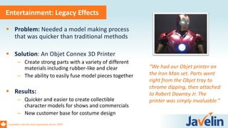 Canadian owned and operated since 1997
Entertainment: Legacy Effects
 Problem: Needed a model making process
that was quicker than traditional methods
 Solution: An Objet Connex 3D Printer
– Create strong parts with a variety of different
materials including rubber-like and clear
– The ability to easily fuse model pieces together
 Results:
– Quicker and easier to create collectible
character models for shows and commercials
– New customer base for costume design
“We had our Objet printer on
the Iron Man set. Parts went
right from the Objet tray to
chrome dipping, then attached
to Robert Downey Jr. The
printer was simply invaluable.”
 