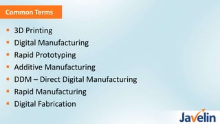 Common Terms
 3D Printing
 Digital Manufacturing
 Rapid Prototyping
 Additive Manufacturing
 DDM – Direct Digital Manufacturing
 Rapid Manufacturing
 Digital Fabrication
 