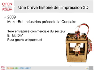 ●

2009
MakerBot Industries présente la Cupcake
1ère entreprise commerciale du secteur
En kit, DIY
Pour geeks uniquement

 