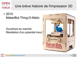 ●

2010
MakerBot Thing-O-Matic

Ouverture du marché
Révélation d'un potentiel inouï

 