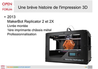 ●

2013
MakerBot Replicator 2 et 2X
Livrée montée
1ère imprimante châssis métal
Professionnalisation

 