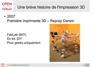 ●

2007
Première imprimante 3D – Reprap Darwin

FabLab (MIT)
En kit, DIY
Pour geeks uniquement

 