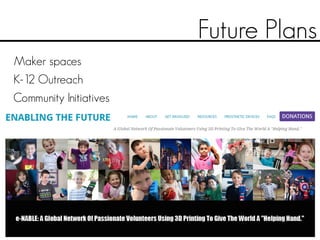 Future Plans
Maker spaces
K-12 Outreach
Community Initiatives
 
