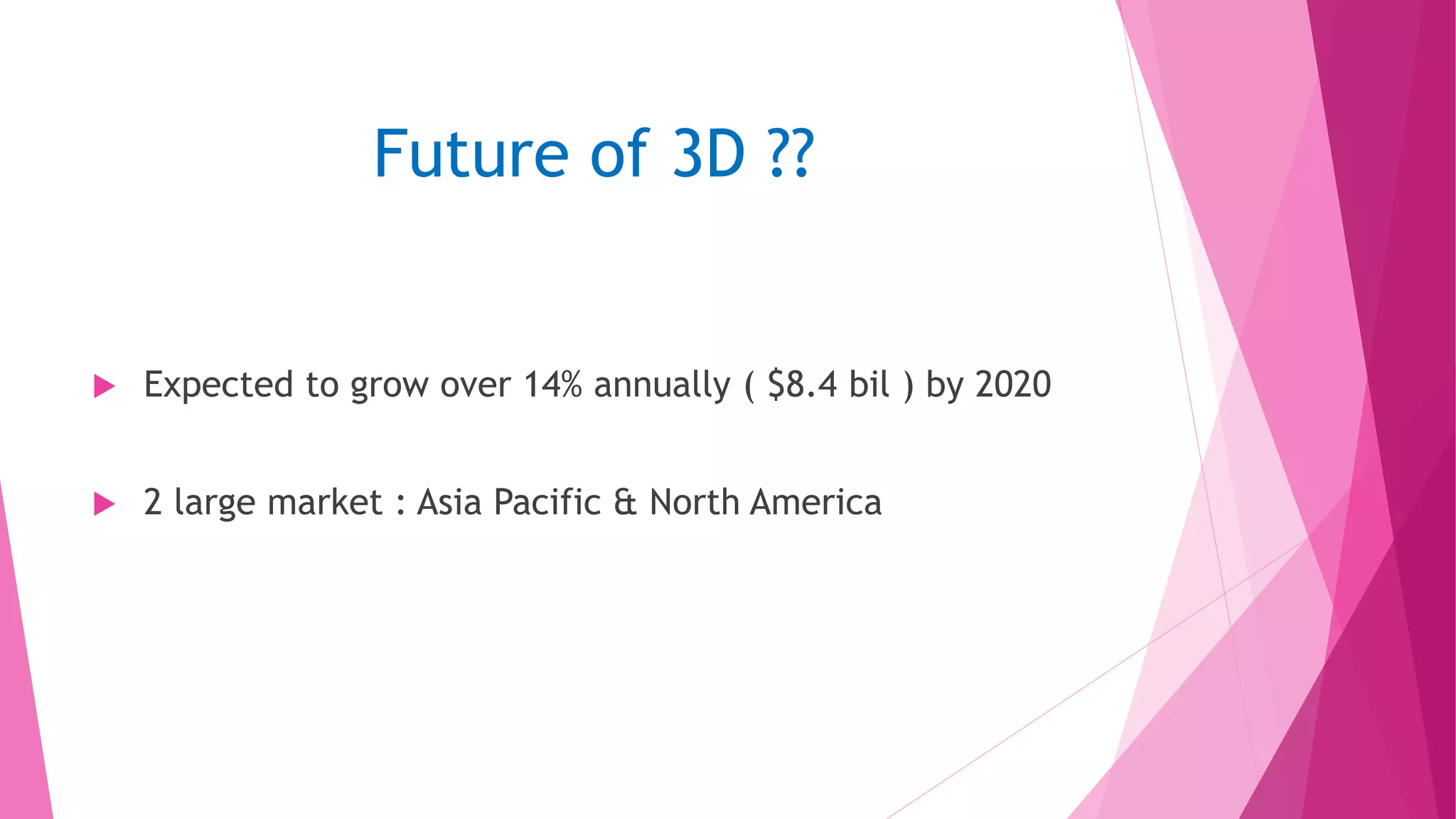 Future of 3D ??
 Expected to grow over 14% annually ( $8.4 bil ) by 2020
 2 large market : Asia Pacific & North America
 