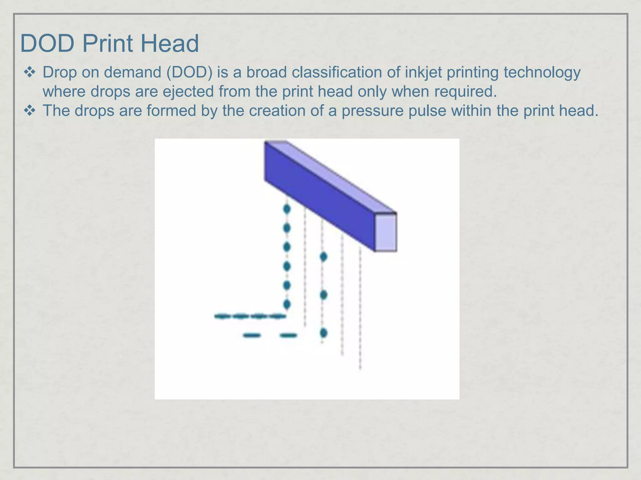 DOD Print Head
 Drop on demand (DOD) is a broad classification of inkjet printing technology
where drops are ejected from the print head only when required.
 The drops are formed by the creation of a pressure pulse within the print head.
 