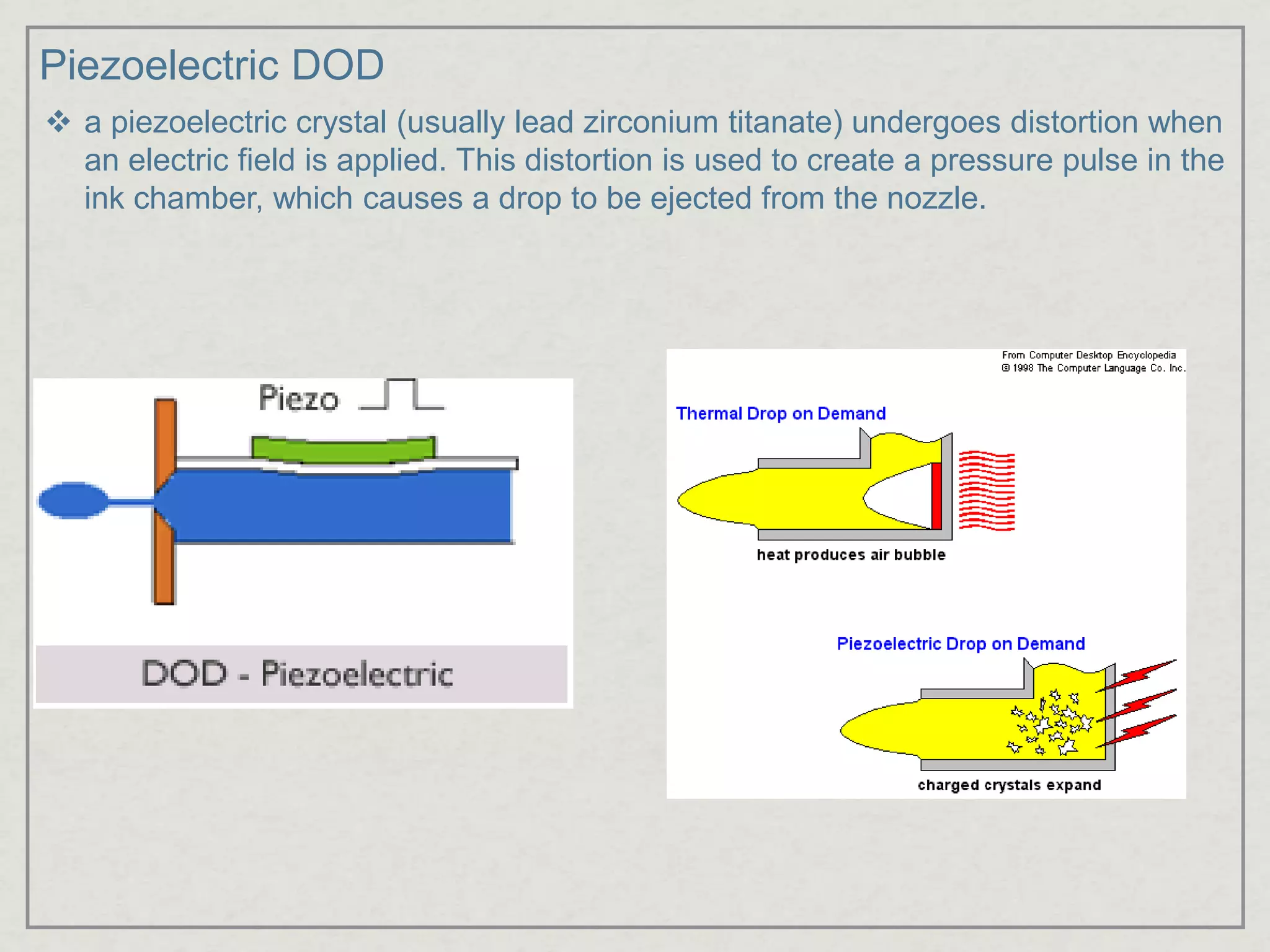 Piezoelectric DOD
 a piezoelectric crystal (usually lead zirconium titanate) undergoes distortion when
an electric field is applied. This distortion is used to create a pressure pulse in the
ink chamber, which causes a drop to be ejected from the nozzle.
 