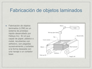 Fabricación de objetos laminados
Fabricación de objetos
laminados (LOM) es un
sistema de prototipo
rápido desarrollado por
Helisys Inc; En el que
capas de papel, plástico o
metal, recubiertas con
adhesivo, son pegadas
sucesivamente y cortadas
a la forma deseada con
una navaja o un cortador
laser.
 