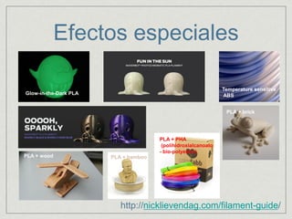 Efectos especiales
http://nicklievendag.com/filament-guide/
Glow-in-the-Dark PLA
Temperature sensitive
ABS
PLA + PHA
(polihidroxialcanoato
- bio-polyester)
PLA + wood PLA + bamboo
PLA + brick
 