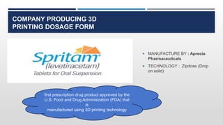 COMPANY PRODUCING 3D
PRINTING DOSAGE FORM
 MANUFACTURE BY : Aprecia
Pharmaceuticals
 TECHNOLOGY : Zipdose (Drop
on solid)
first prescription drug product approved by the
U.S. Food and Drug Administration (FDA) that
is
manufactured using 3D printing technology
 