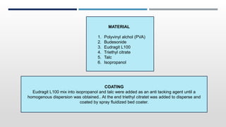 MATERIAL
1. Polyvinyl alchol (PVA)
2. Budesonide
3. Eudragit L100
4. Triethyl citrate
5. Talc
6. Isopropanol
COATING
Eudragit L100 mix into isopropanol and talc were added as an anti tacking agent until a
homogenous dispersion was obtained.. At the end triethyl citratet was added to disperse and
coated by spray fluidized bed coater.
 