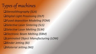 Types of machines
Stereolithography (SLA)
Digital Light Processing (DLP)
Fused deposition Modeling (FDM)
Selective Laser Sintering (SLS)
Selective Laser Melting (SLM)
Electronic Beam Melting (EBM)
Laminated Object Manufacturing (LOM)
Binder Jetting (BJ)
Material Jetting (MJ)
 
