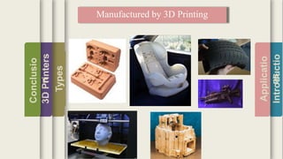 Introductio
Applicatio
ns
Types
3DPrinters
Conclusio
n
Manufactured by 3D Printing
 