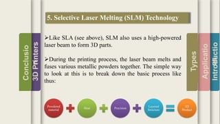 Introductio
Applicatio
ns
Types
3DPrinters
Conclusio
n
5. Selective Laser Melting (SLM) Technology
Like SLA (see above), SLM also uses a high-powered
laser beam to form 3D parts.
During the printing process, the laser beam melts and
fuses various metallic powders together. The simple way
to look at this is to break down the basic process like
thus:
Powdered
material
Heat Precision
Layered
Structure
3D
Product
 
