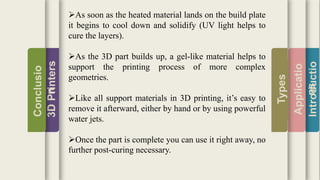 Introductio
Applicatio
ns
Types
3DPrinters
Conclusio
n
As soon as the heated material lands on the build plate
it begins to cool down and solidify (UV light helps to
cure the layers).
As the 3D part builds up, a gel-like material helps to
support the printing process of more complex
geometries.
Like all support materials in 3D printing, it’s easy to
remove it afterward, either by hand or by using powerful
water jets.
Once the part is complete you can use it right away, no
further post-curing necessary.
 