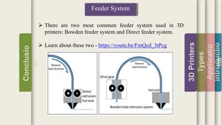 Introductio
Applicatio
ns
Types
3DPrinters
Conclusio
n
Feeder System
 There are two most common feeder system used in 3D
printers: Bowden feeder system and Direct feeder system.
 Learn about these two - https://youtu.be/FmQcd_3tPcg
 