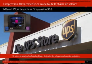 L’impression	
  3D	
  va	
  remeore	
  en	
  cause	
  toute	
  la	
  chaîne	
  de	
  valeur!
Même	
  UPS	
  se	
  lance	
  dans	
  l’impression	
  3D	
  !
	
  
©HUB	
  Ins?tute.	
  All	
  rights	
  reserved	
  	
  |	
  www.HUBins?tute.com 16	
  
Six	
  points	
  de	
  retrait	
  de	
  la	
  ville	
  de	
  San	
  Diego	
  a	
  des(na(on	
  des	
  peites	
  entreprises	
  et	
  des	
  par(culiers
http://www.generation-nt.com/ups-se-lance-dans-impression-3d-actualite-1769442.html
 