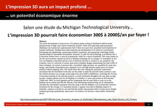 L’impression	
  3D	
  aura	
  un	
  impact	
  profond	
  ...
…	
  un	
  poten(el	
  économique	
  énorme
©HUB	
  Ins?tute.	
  All	
  rights	
  reserved	
  	
  |	
  www.HUBins?tute.com 32	
  
Selon	
  une	
  étude	
  du	
  Michigan	
  Technological	
  University...
L’impression	
  3D	
  pourrait	
  faire	
  économiser	
  300$	
  à	
  2000$/an	
  par	
  foyer	
  !
http://www.academia.edu/4067796/Life-Cycle_Economic_Analysis_of_Distributed_Manufacturing_with_Open-Source_3-D_Printers
 