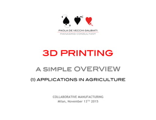 !
!
3D PRINTING!
!
a simple OVERVIEW!
!
(1) APPLICATIONS IN AGRICULTURE!
COLLABORATIVE MANUFACTURING
Milan, November 13TH 2015
 
