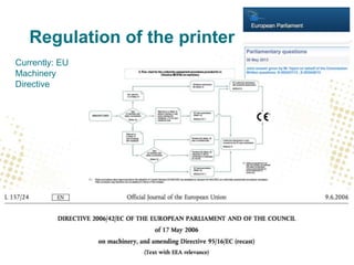 Regulation of the printer
Currently: EU
Machinery
Directive
 