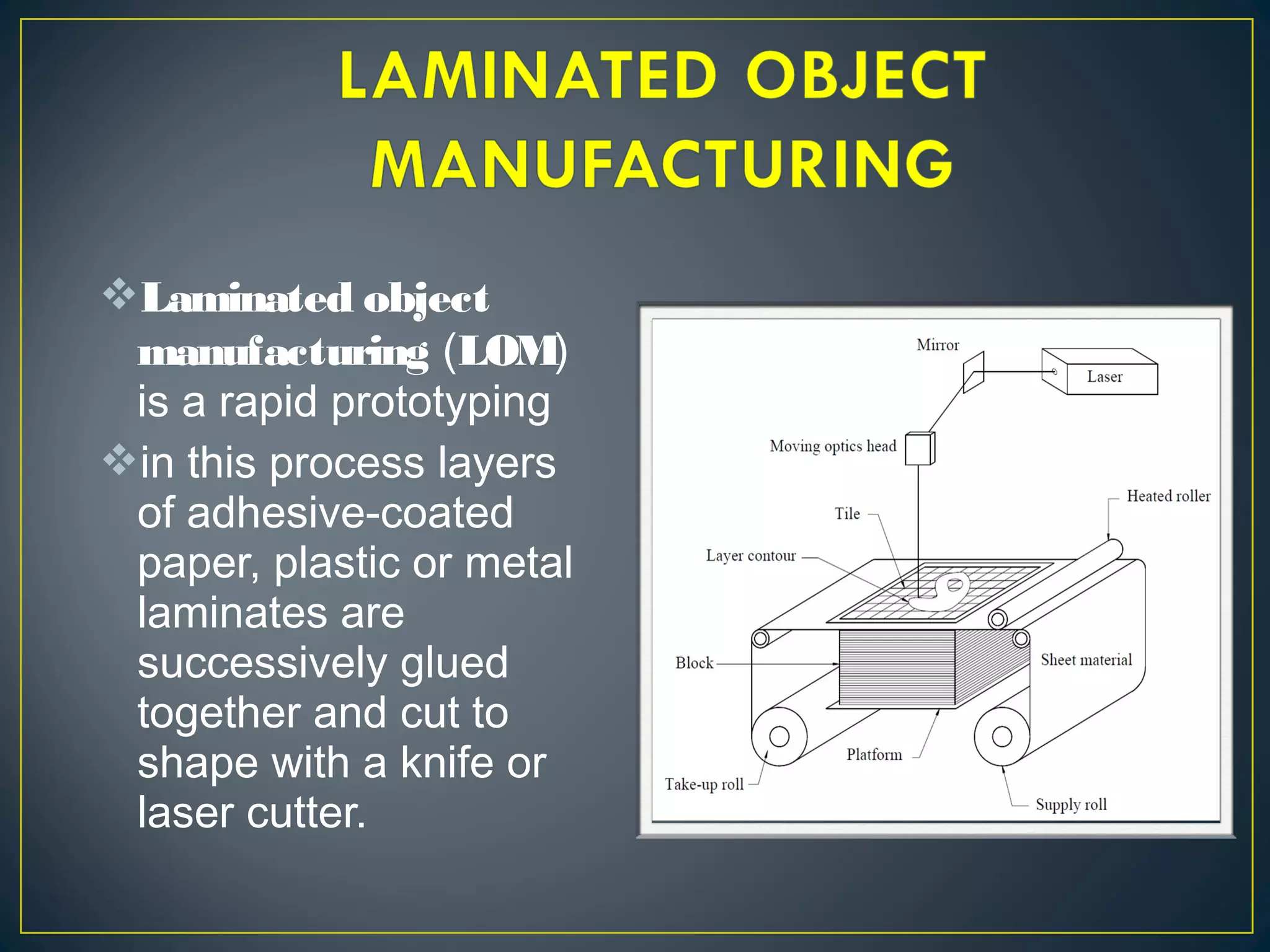 Laminated object
manufacturing (LOM)
is a rapid prototyping
in this process layers
of adhesive-coated
paper, plastic or metal
laminates are
successively glued
together and cut to
shape with a knife or
laser cutter.
 