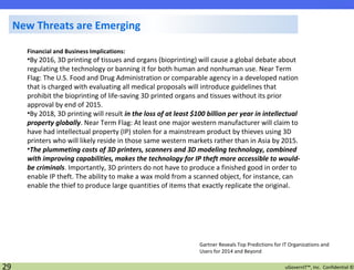 New Threats are Emerging
Financial and Business Implications:

•By 2016, 3D printing of tissues and organs (bioprinting) will cause a global debate about
regulating the technology or banning it for both human and nonhuman use. Near Term
Flag: The U.S. Food and Drug Administration or comparable agency in a developed nation
that is charged with evaluating all medical proposals will introduce guidelines that
prohibit the bioprinting of life-saving 3D printed organs and tissues without its prior
approval by end of 2015.
•By 2018, 3D printing will result in the loss of at least $100 billion per year in intellectual
property globally. Near Term Flag: At least one major western manufacturer will claim to
have had intellectual property (IP) stolen for a mainstream product by thieves using 3D
printers who will likely reside in those same western markets rather than in Asia by 2015.
•The plummeting costs of 3D printers, scanners and 3D modeling technology, combined
with improving capabilities, makes the technology for IP theft more accessible to wouldbe criminals. Importantly, 3D printers do not have to produce a finished good in order to
enable IP theft. The ability to make a wax mold from a scanned object, for instance, can
enable the thief to produce large quantities of items that exactly replicate the original.

Gartner Reveals Top Predictions for IT Organizations and
Users for 2014 and Beyond

29

uGovernIT™, Inc. Confidential ©

 