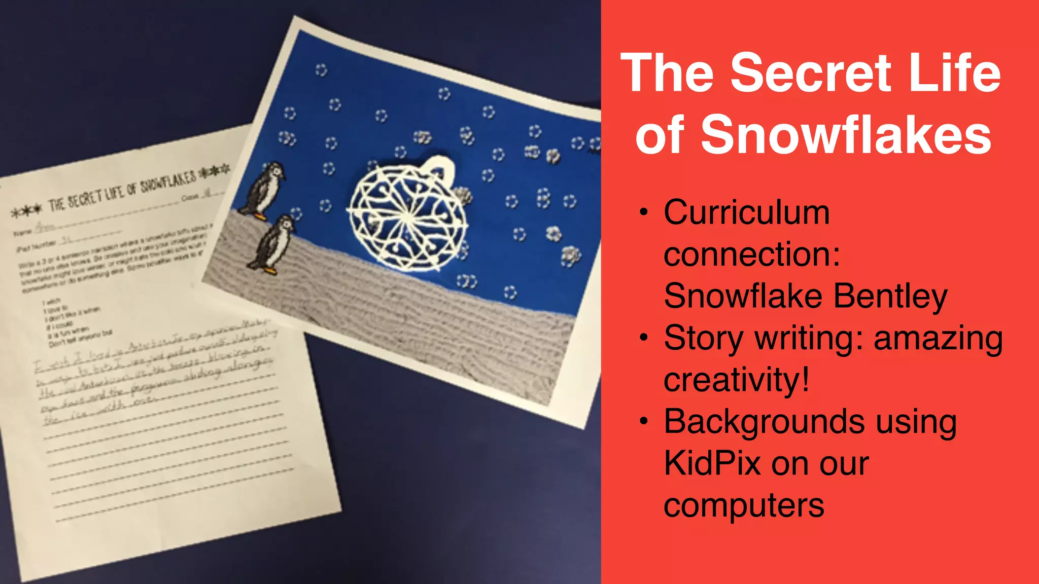 • Curriculum
connection:
Snowflake Bentley
• Story writing: amazing
creativity!
• Backgrounds using
KidPix on our
computers
The Secret Life
of Snowflakes
 