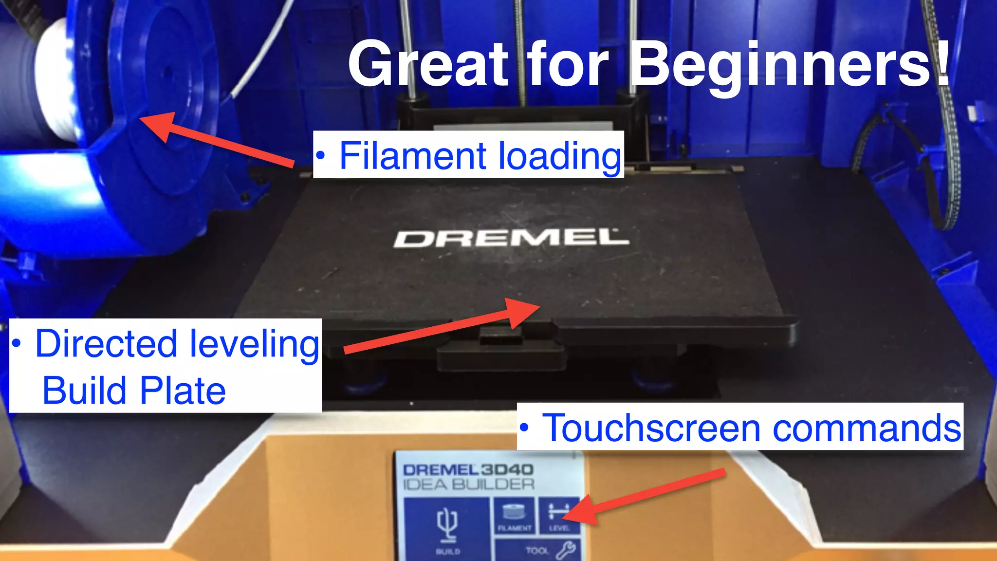 Great for Beginners!
• Filament loading
• Directed leveling
Build Plate
• Touchscreen commands
 