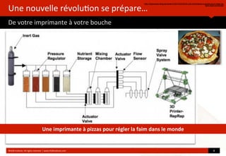 Une	
  nouvelle	
  révolu?on	
  se	
  prépare…
De	
  votre	
  imprimante	
  à	
  votre	
  bouche
©HUB	
  Ins?tute.	
  All	
  rights	
  reserved	
  	
  |	
  www.HUBins?tute.com 8	
  
Une	
  imprimante	
  à	
  pizzas	
  pour	
  régler	
  la	
  faim	
  dans	
  le	
  monde
http://bigbrowser.blog.lemonde.fr/2013/05/22/3d-une-imprimante-a-pizzas-pour-regler-la-
faim-dans-le-monde/
 