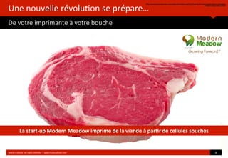Une	
  nouvelle	
  révolu?on	
  se	
  prépare…
De	
  votre	
  imprimante	
  à	
  votre	
  bouche
©HUB	
  Ins?tute.	
  All	
  rights	
  reserved	
  	
  |	
  www.HUBins?tute.com 8	
  
La	
  start-­‐up	
  Modern	
  Meadow	
  imprime	
  de	
  la	
  viande	
  à	
  par(r	
  de	
  cellules	
  souches
http://www.journaldunet.com/web-tech/start-up/imprimante-3d-start-up/modern-meadow-
steaks-imprimes.shtml
 