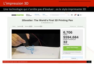 L’impression	
  3D	
  
Une	
  technologie	
  qui	
  n’arrête	
  pas	
  d’évoluer	
  :	
  ex	
  le	
  stylo	
  imprimante	
  3D
hop://www.kickstarter.com/projects/1351910088/3doodler-­‐the-­‐worlds-­‐ﬁrst-­‐3d-­‐prin?ng-­‐pen	
  
©HUB	
  Ins?tute.	
  All	
  rights	
  reserved	
  	
  |	
  www.HUBins?tute.com 10	
  
 