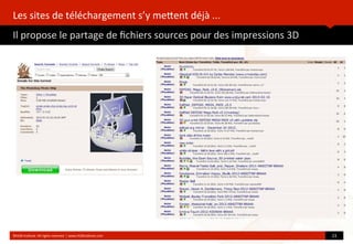 Les	
  sites	
  de	
  téléchargement	
  s’y	
  meoent	
  déjà	
  ...
Il	
  propose	
  le	
  partage	
  de	
  ﬁchiers	
  sources	
  pour	
  des	
  impressions	
  3D
	
  
©HUB	
  Ins?tute.	
  All	
  rights	
  reserved	
  	
  |	
  www.HUBins?tute.com 23	
  
 