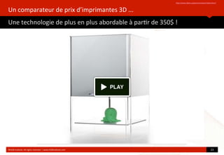 Un	
  comparateur	
  de	
  prix	
  d’imprimantes	
  3D	
  ...
Une	
  technologie	
  de	
  plus	
  en	
  plus	
  abordable	
  à	
  par?r	
  de	
  350$	
  !
hop://www.3ders.org/pricecompare/3dprinters/
©HUB	
  Ins?tute.	
  All	
  rights	
  reserved	
  	
  |	
  www.HUBins?tute.com 23	
  
 