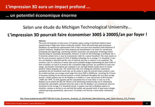 L’impression	
  3D	
  aura	
  un	
  impact	
  profond	
  ...
…	
  un	
  poten(el	
  économique	
  énorme
©HUB	
  Ins?tute.	
  All	
  rights	
  reserved	
  	
  |	
  www.HUBins?tute.com 32	
  
Selon	
  une	
  étude	
  du	
  Michigan	
  Technological	
  University...
L’impression	
  3D	
  pourrait	
  faire	
  économiser	
  300$	
  à	
  2000$/an	
  par	
  foyer	
  !
http://www.academia.edu/4067796/Life-Cycle_Economic_Analysis_of_Distributed_Manufacturing_with_Open-Source_3-D_Printers
 