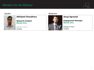 Abhijeet Chaudhary 
Research Analyst 
Beroe Inc. 
Dialing in from: 
India 
Anup Agrawal 
Engagement Manager 
Beroe Inc. 
Dialing in from: 
India  