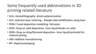 Some frequently used abbreviations in 3D
printing related literature
• SLA= stereolithography- photo polymerization
• SLS=...