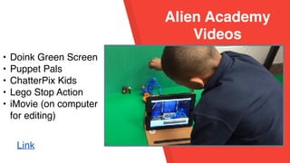 Alien Academy
Videos
• Doink Green Screen
• Puppet Pals
• ChatterPix Kids
• Lego Stop Action
• iMovie (on computer
for editing)
Link
 