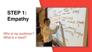 STEP 1:
EmpathySTEP 1:
Empathy
Who is my audience?
What is a need?
 