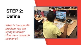 STEP 1:
EmpathySTEP 2:
Define
What is the speciﬁc
problem you are
trying to solve?
How can I research
solutions?
 