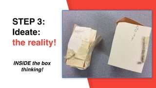 STEP 1:
EmpathySTEP 3:
Ideate:
the reality!
INSIDE the box
thinking!
 