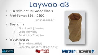 Laywoo-d3
• PLA with actual wood fibers
• Print Temp: 180 – 230C
(changes color)

• Strengths
o
o
o

Good smell (cookies)
Looks like wood
Sandable / Carvable

• Weaknesses
o
o

Softer when printed
Super low viscosity – strings easily

 