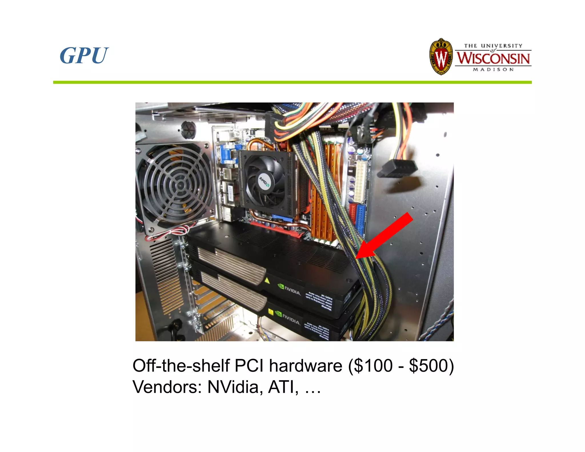 GPU
Off-the-shelf PCI hardware ($100 - $500)
Vendors: NVidia, ATI,
 