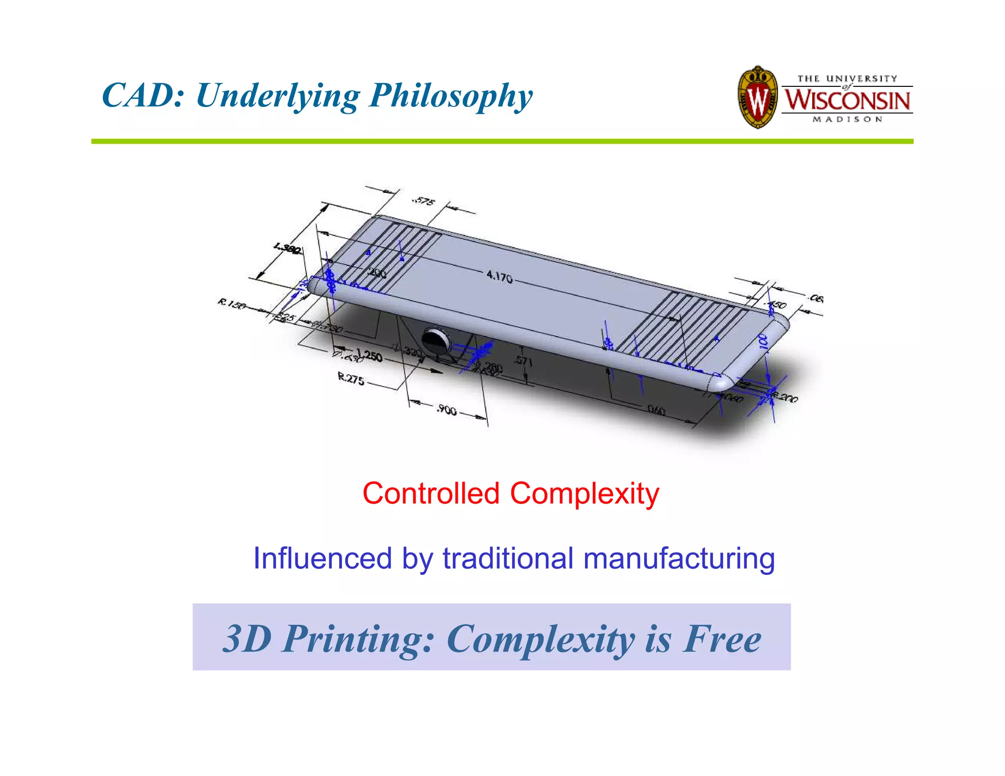 CAD: Underlying Philosophy
Influenced by traditional manufacturing
Controlled Complexity
3D Printing: Complexity is Free
 