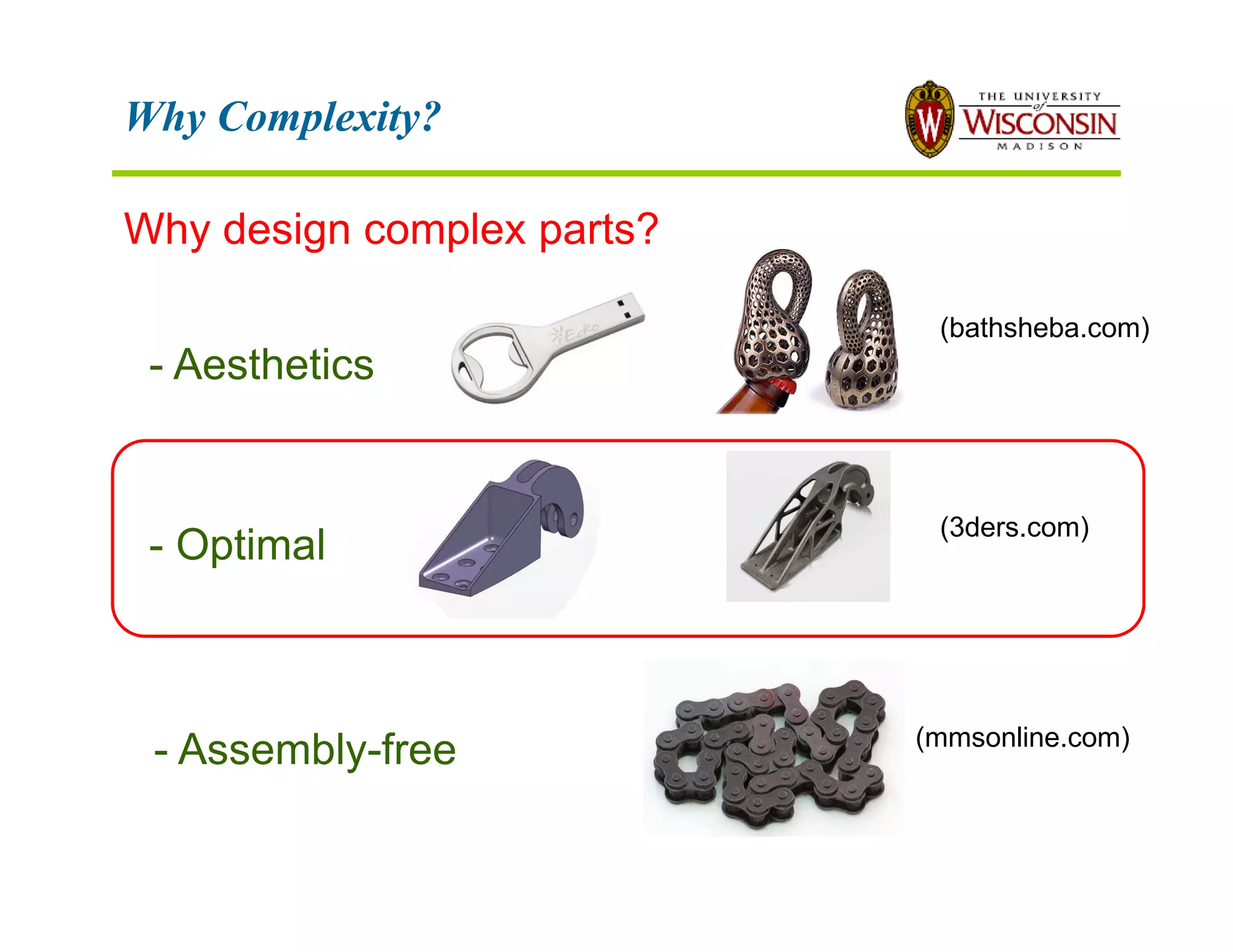Why Complexity?
Why design complex parts?
- Aesthetics
- Optimal
- Assembly-free
(3ders.com)
(mmsonline.com)
(bathsheba.com)
 