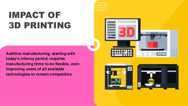 IMPACT OF
3D PRINTING
Additive manufacturing, starting with
today's infancy period, requires
manufacturing firms to be flexible, ever-
improving users of all available
technologies to remain competitive
7
 